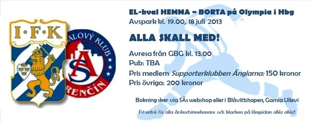 Åk med Supporterklubben Änglarna till hemmamatchen i Europakvalet i Helsingborg 18 juli!